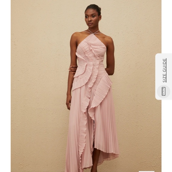 Miss Rosier Doux Pink Ruffled Trim Pleated Midi Dress - Picture 1 of 6